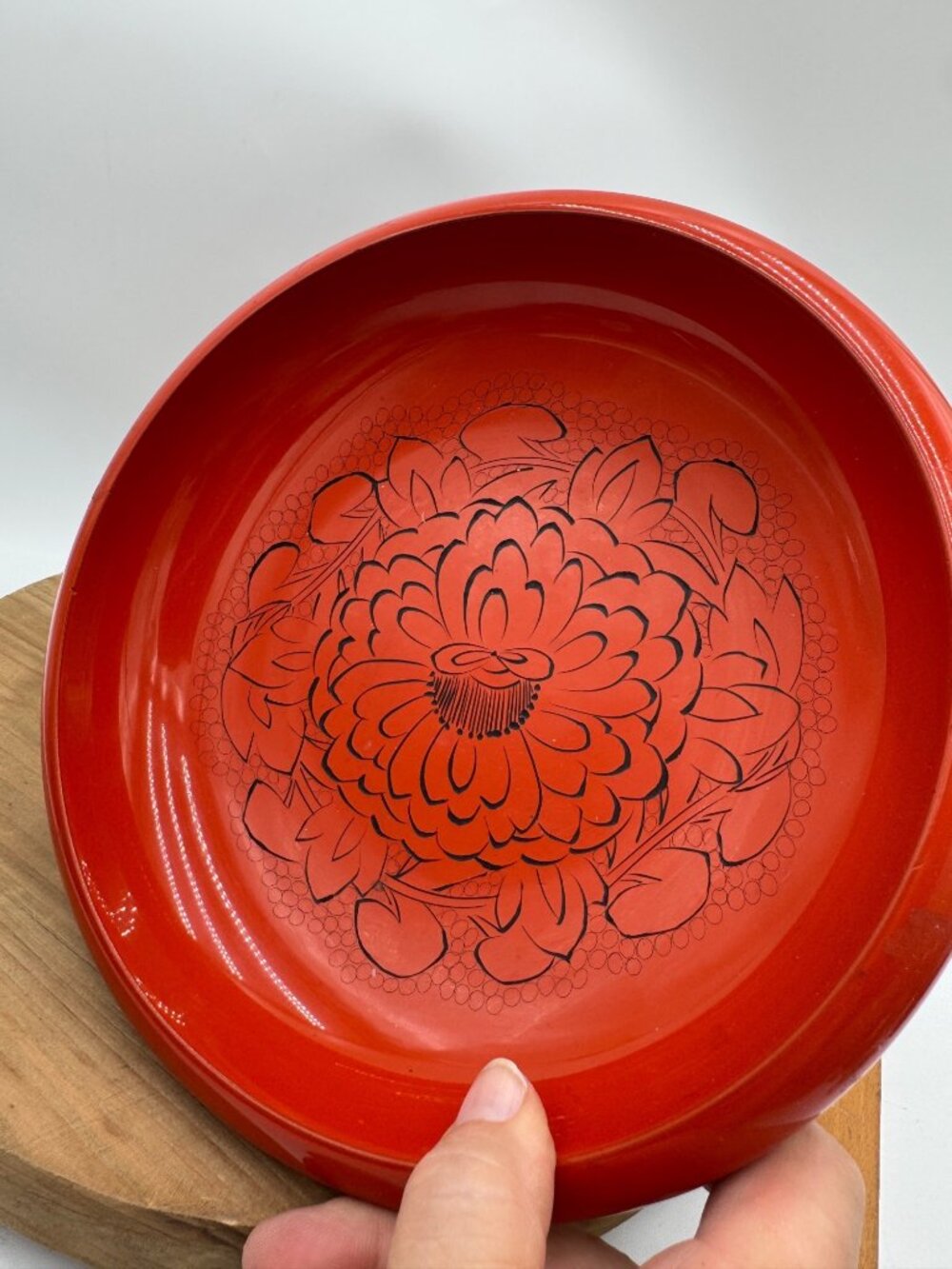 Japanese Round Plate Bowl Murakami Tsuisyu Wooden Laquerware Carvings Floral Art